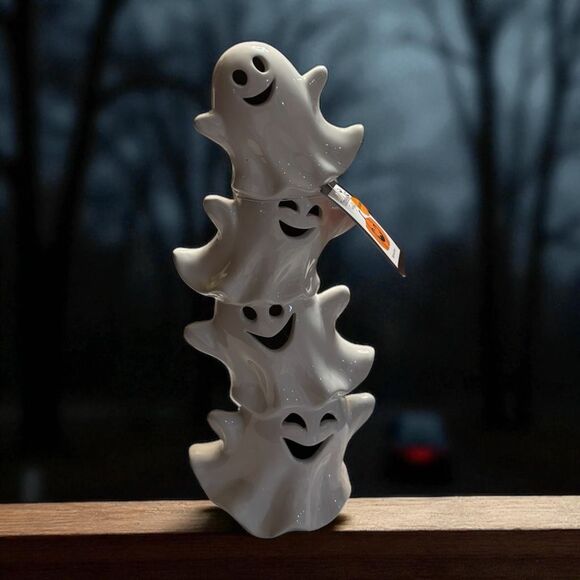 Stacked Frights 3 Stacked Ghosts  LED 13” Tall Figurine White Ceramic Decor - Picture 1 of 7